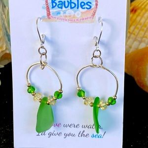 Caribbean Sea Glass/Swarovski/Sterling Hoops